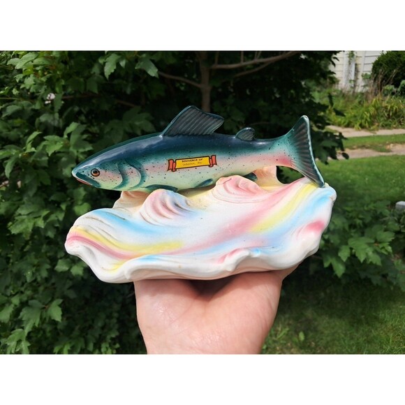 Souvenir of Lebanon MO  Porcelain Fish on Waves Rainbow Trout Trinket Soap Dish - Picture 1 of 12